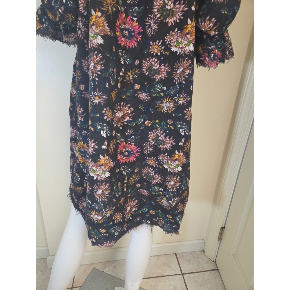 Natural Life Floral Cotton Mini Dress Black Boho Tie Front Fringe L/XL - Picture 10 of 10
